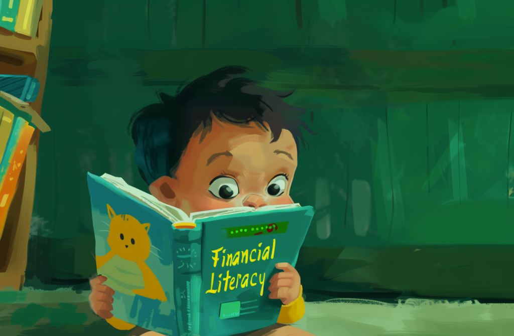 baby reading book called financial literacy