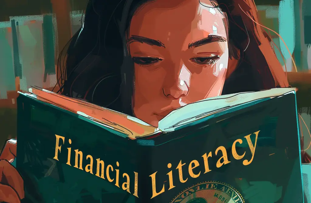 woman reading a book titled "Financial Literacy"